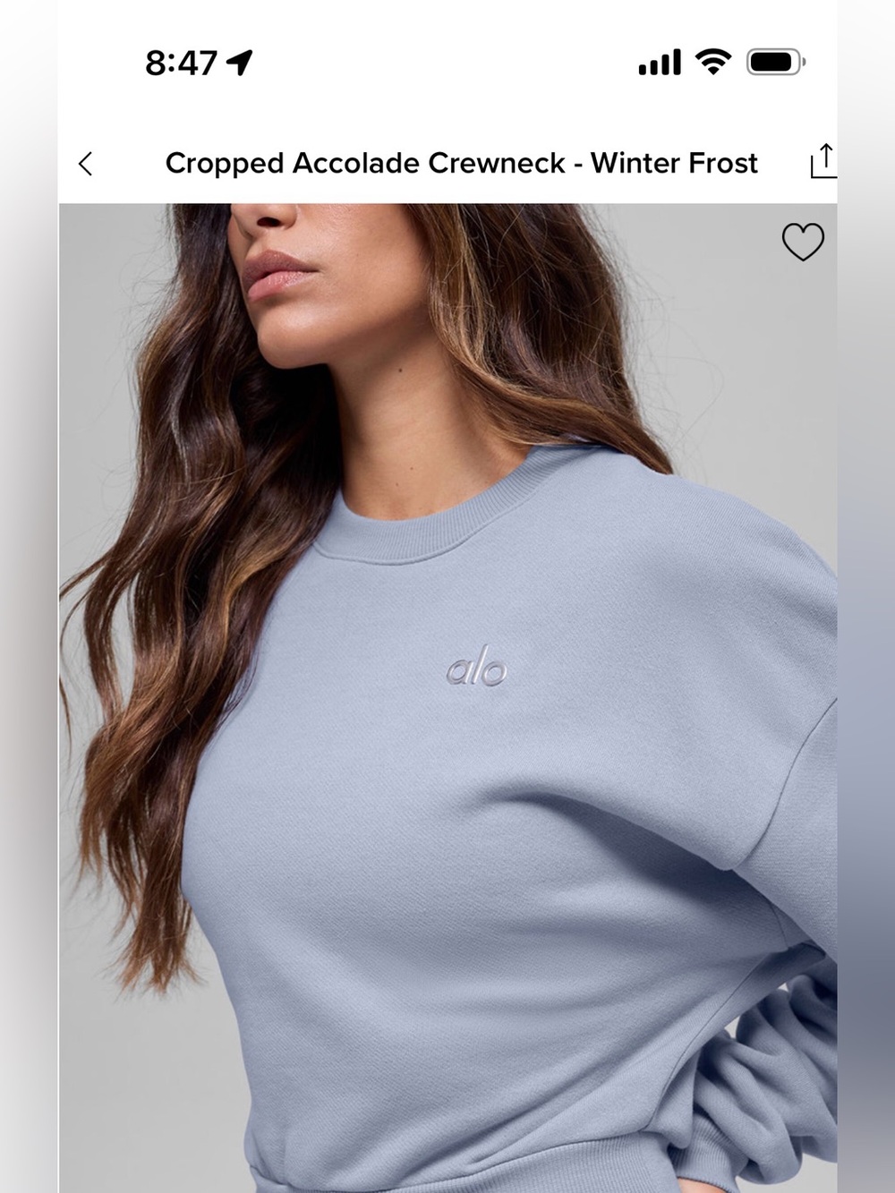 Alo Cropped Crewneck Sweatshirt in Winter Frost Blue